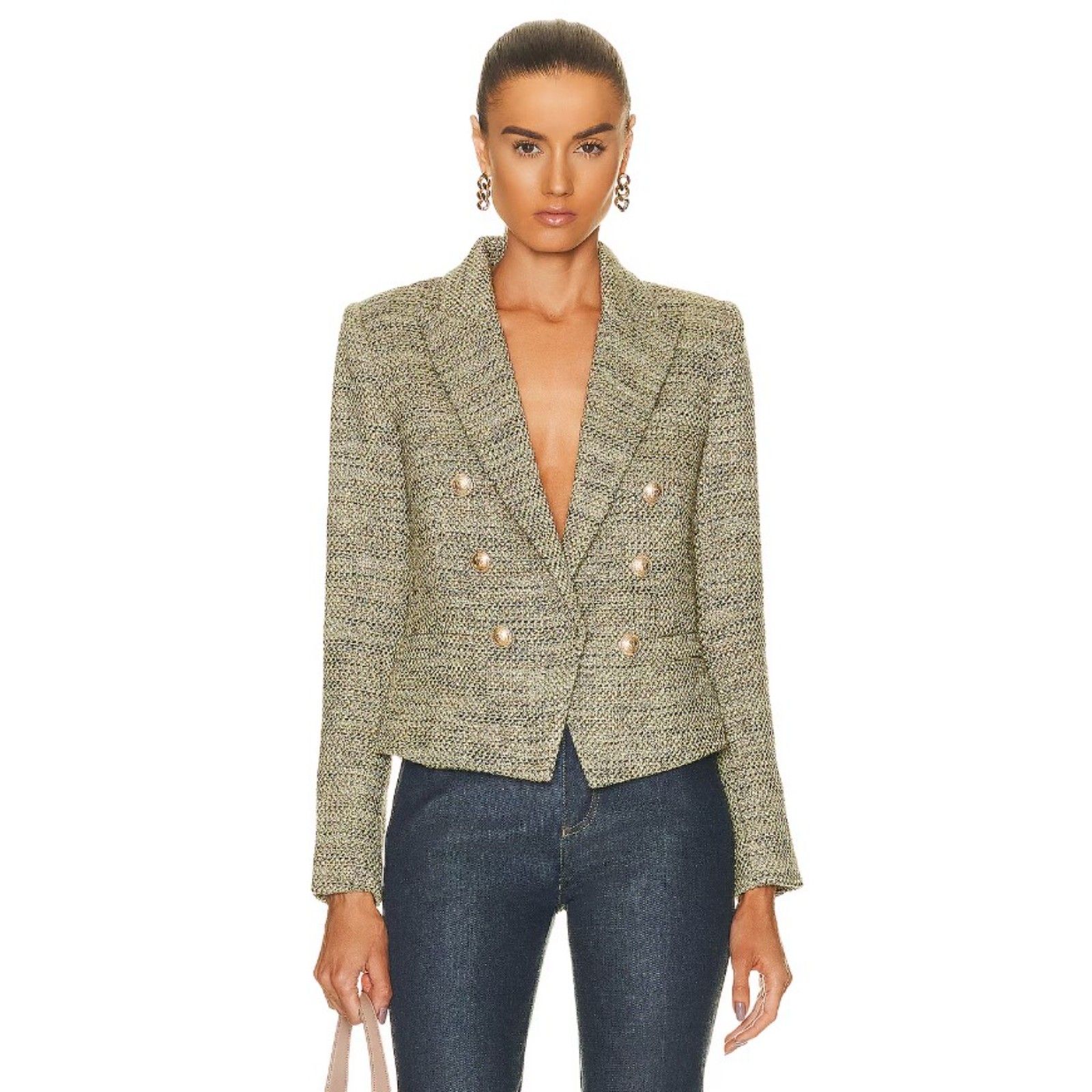L'agence Women's Green Olive Brooke Double-Breasted Crop Blazer Size 2